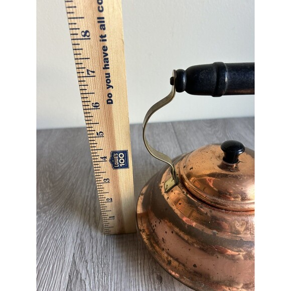 Vintage Copper Tea Pot Kettle 6" diameter Wood And Brass Handle - Picture 8 of 9